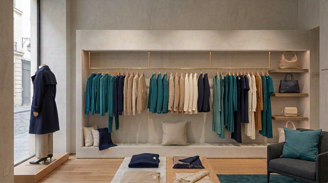 Luxury resale boutique with plaster walls, oak shelving and brass racks